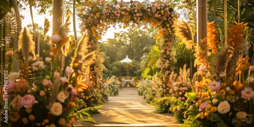 a floral archway leading to a wedding ceremony in the woods. Generative AI