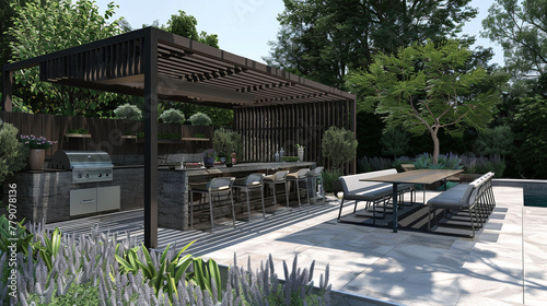 A modern outdoor kitchen with a grill, bar seating, and a dining area shaded by a pergola. © Stone rija