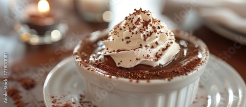 A white plate holding a decadent cupcake covered in creamy whipped cream.
