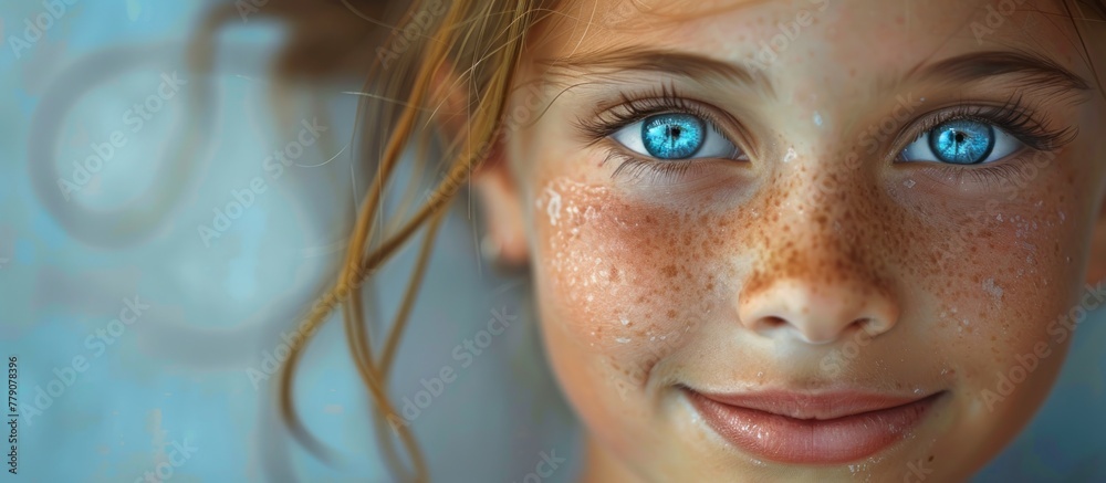 Close-up of a young girl with striking blue eyes. Close-up of a young girl with striking blue eyes.