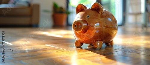 A piggy bank sits on the floor of a living room, surrounded by furniture. The room is well-lit with natural light coming in from the window. photo