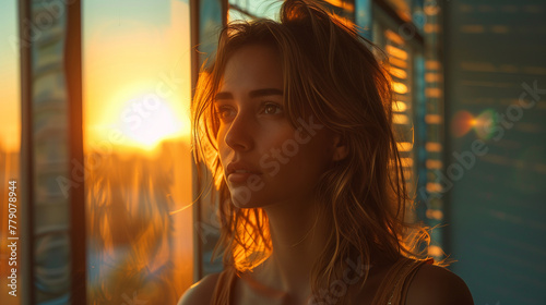 portrait of woman with the sun looking through the window