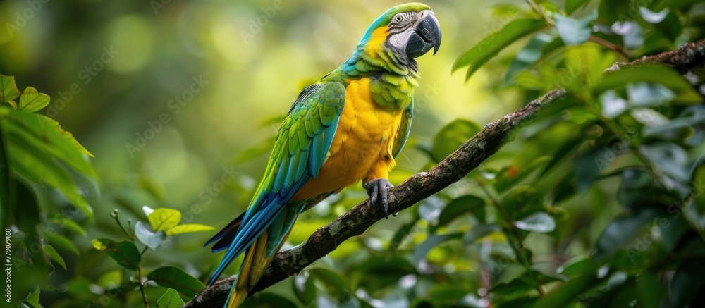 A vibrant green parrot with turquoise accents perched on a tree branch in a natural setting. A vibrant green parrot with turquoise accents perched on a tree branch in a natural setting.