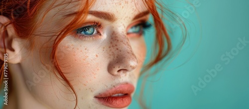 Close-up of a woman with vibrant red hair and blue eyes.