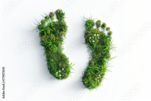 Top view two human footprints with grass and wildflowers texture, isolated on white background. ecology concept, care for the environment, nature, spring and summer