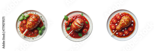 Set of plates of Chicken lollipop with tomato sauce, top view illustration, isolated over on transparent white background