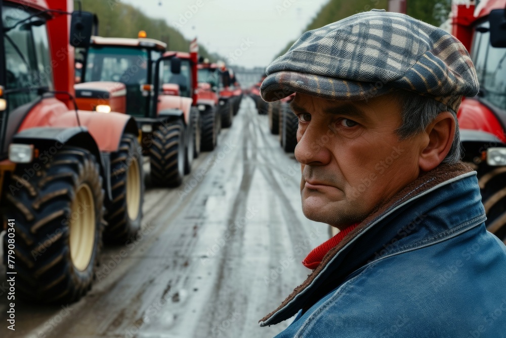 Male farmer at a protest. Backdrop with selective focus and copy space