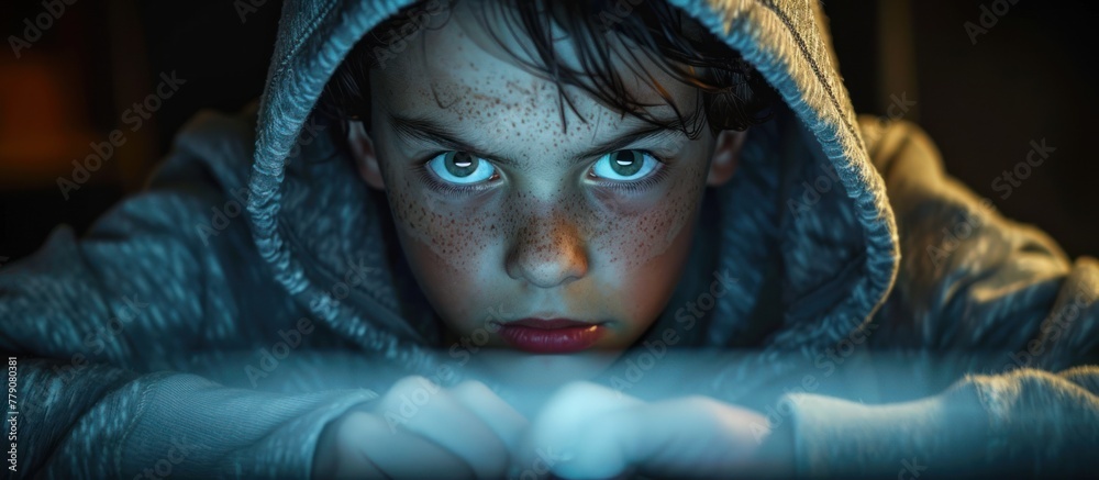 A young boy in a hooded jacket is attentively looking at a computer screen. A young boy in a hooded jacket is attentively looking at a computer screen.