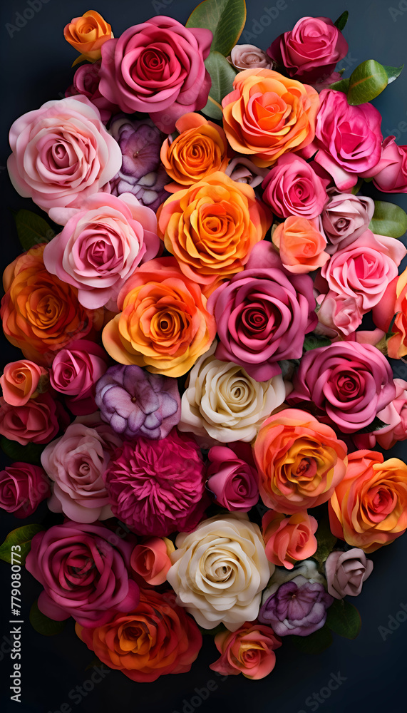 Colorful roses on dark background. Flat lay. top view. Colorful roses on dark background. Flat lay. top view.