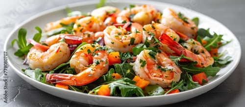 A white ceramic bowl filled with a colorful salad consisting of mixed greens, cucumbers, tomatoes, and bell peppers, topped with succulent shrimp.