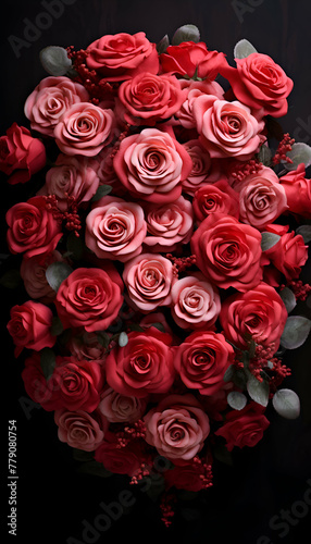 Bouquet of red roses on black background. Top view.