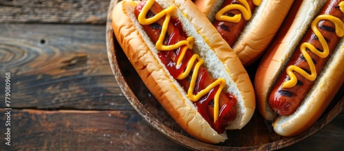 A plate featuring hot dogs topped with mustard and ketchup, ready to be enjoyed. photo