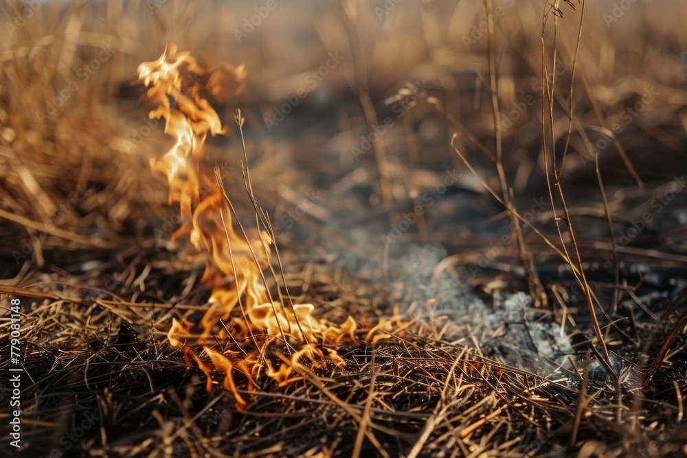 A fire is burning in the grass