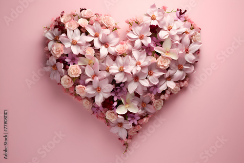 Heart made of beautiful flowers on color background. top view. Valentine's day celebration © Wazir Design