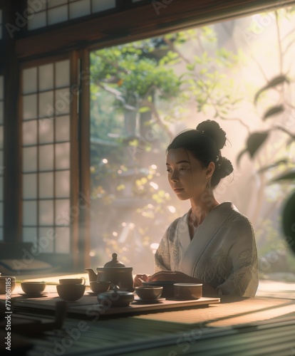 Con la primera luz filtrándose a través del shoji, una mujer con un kimono elegante se sienta en contemplación tranquila, la ceremonia del té se desarrolla con serenidad zen.