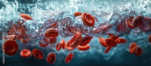 Red blood cells are seen floating in clear water, showcasing their unique shape and vibrant color. photo