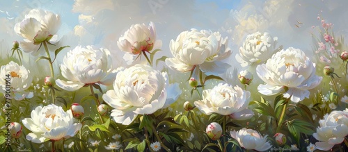 Abundant white peonies bloom in a field under the clear sky, creating a beautiful scene of nature and floral beauty. © FryArt Studio