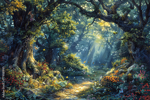 Enchanted forest path with magical trees and glowing lights. Fantasy landscape digital artwork