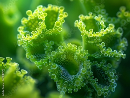 3D Volvox colony, vibrant green, backlit, microscopic view, close-up with depth of field.close up