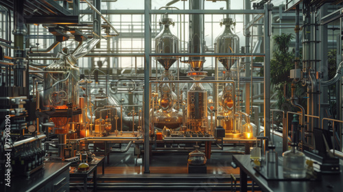 A bustling chemical process engineering lab with distillation columns and reaction vessels, currently dormant but ready to develop chemical processes for various industries photo