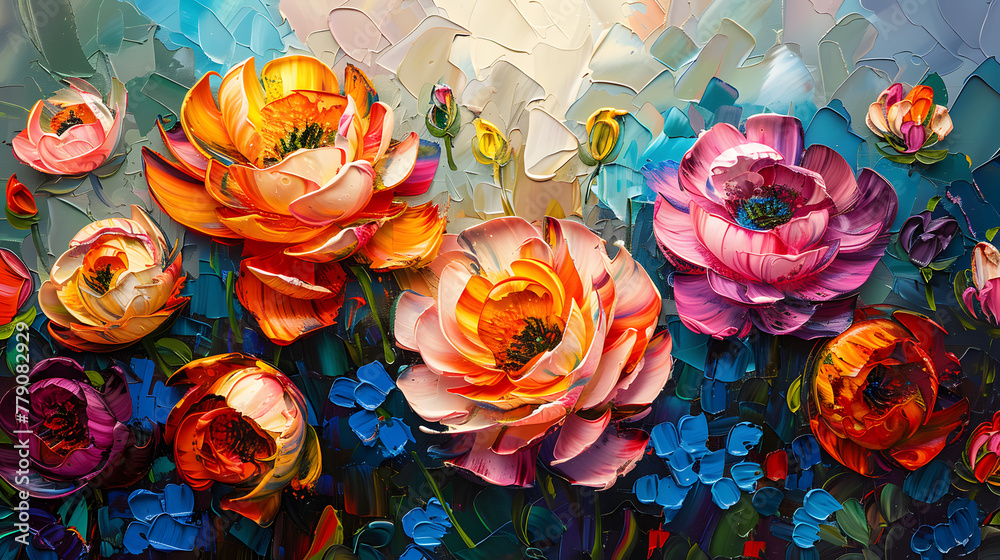 Oil painting of spring flowers on canvas, art work Rose garden oil painting texture made Oil painting of spring flowers on canvas, art work Rose garden oil painting texture made