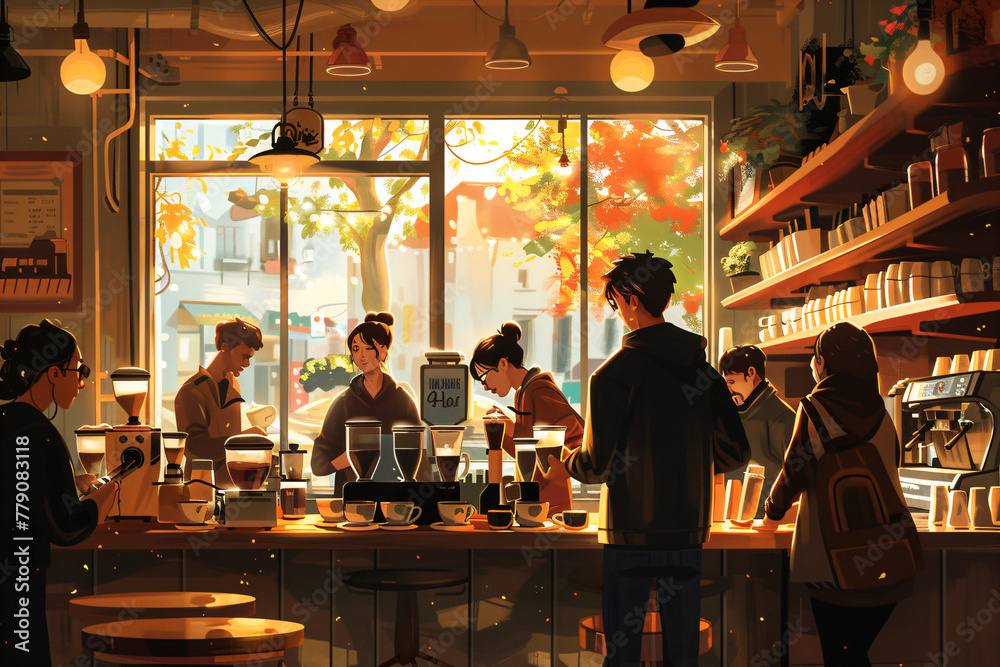 Cozy urban cafe interior with customers enjoying coffee. Warm light digital illustration Cozy urban cafe interior with customers enjoying coffee. Warm light digital illustration