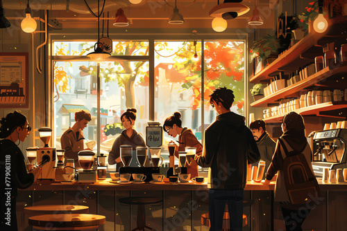 Cozy urban cafe interior with customers enjoying coffee. Warm light digital illustration