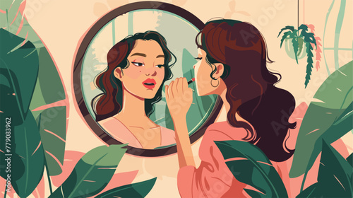 Young woman applying lipstick looking at mirror in