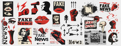 Set illustrations face,  lips, eyes, fist, red gloves above them, "FAKE News", newspaper cut out look, vintage style, flat design, clip art aesthetic, simple collage in  style of a newspaper collage.
