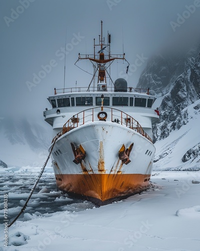 Polar research vessel in icy waters, documentary, wide angle, exploratory, winter , digital photography