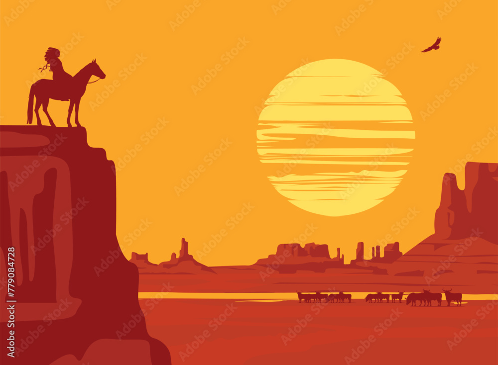 Vector Western landscape with silhouettes of Indian on horseback and buffalo herd at the wild American prairies. Decorative illustration, Wild West vintage background