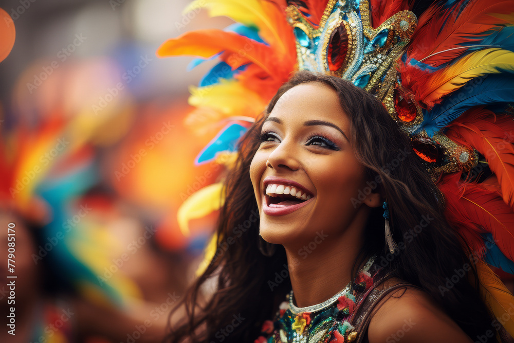 color photo of a vibrant carnival parade in Rio de Janeiro, Brazil. Dancers adorned in elaborate costumes move to the rhythm of samba music created with Generative AI technology