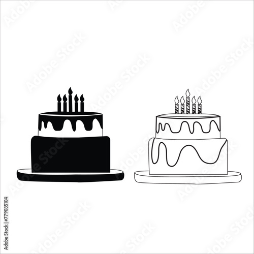 vector doodle cake Isolated on white background,hand-drawn cake with candles. Sketch-style vector illustration.