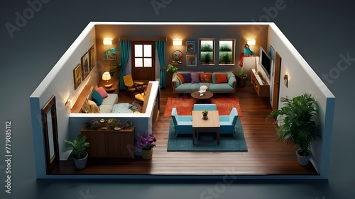 A 3D isometric cutaway of a simple living space designed by KS photo