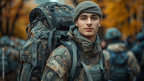 soldier in camouflage uniform with backpack, looking at camera; war, conflict and armed forces