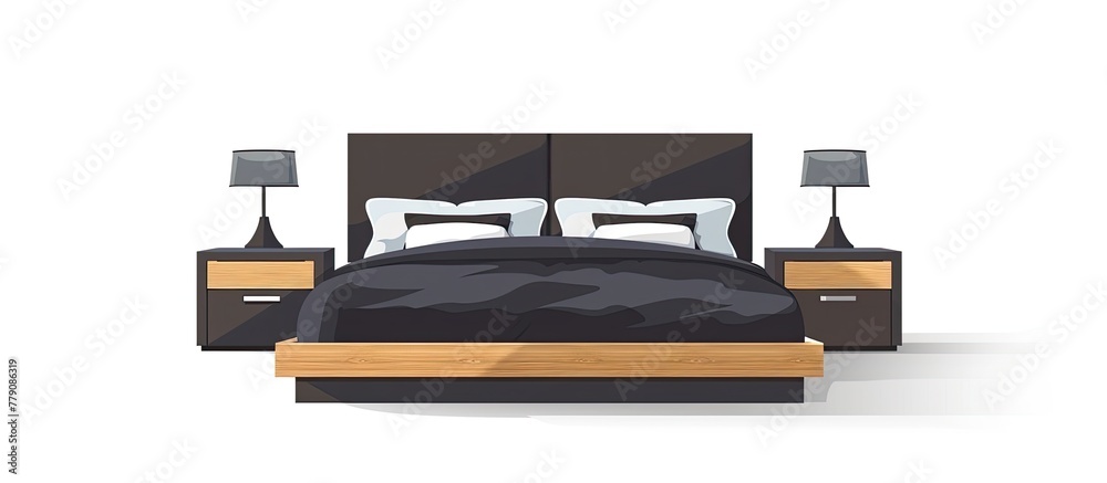 A bedroom with a hardwood bed frame, matching nightstands, and sleek automotive design lamps. The flooring is made of durable hardwood, creating a stylish and modern atmosphere A bedroom with a hardwood bed frame, matching nightstands, and sleek automotive design lamps. The flooring is made of durable hardwood, creating a stylish and modern atmosphere