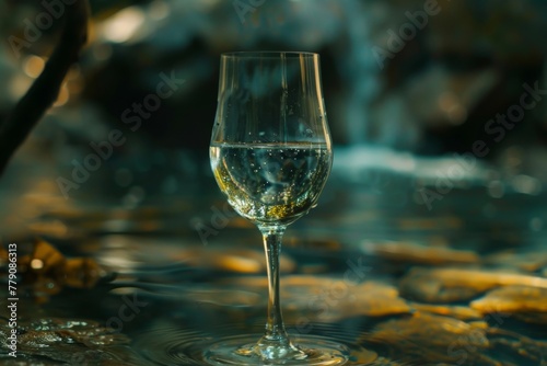 A filled wine glass is centered in the middle of a lively stream, surrounded by stones and foliage