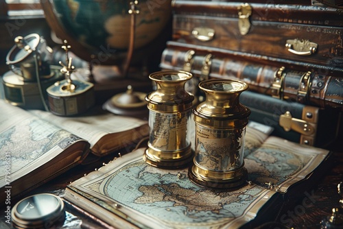 Antique nautical instruments, vintage, closeup, historical, softly lit , hyper realistic