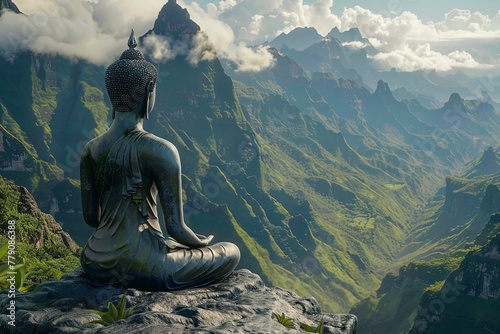 A sculpture of a meditating Buddha high in the mountains
