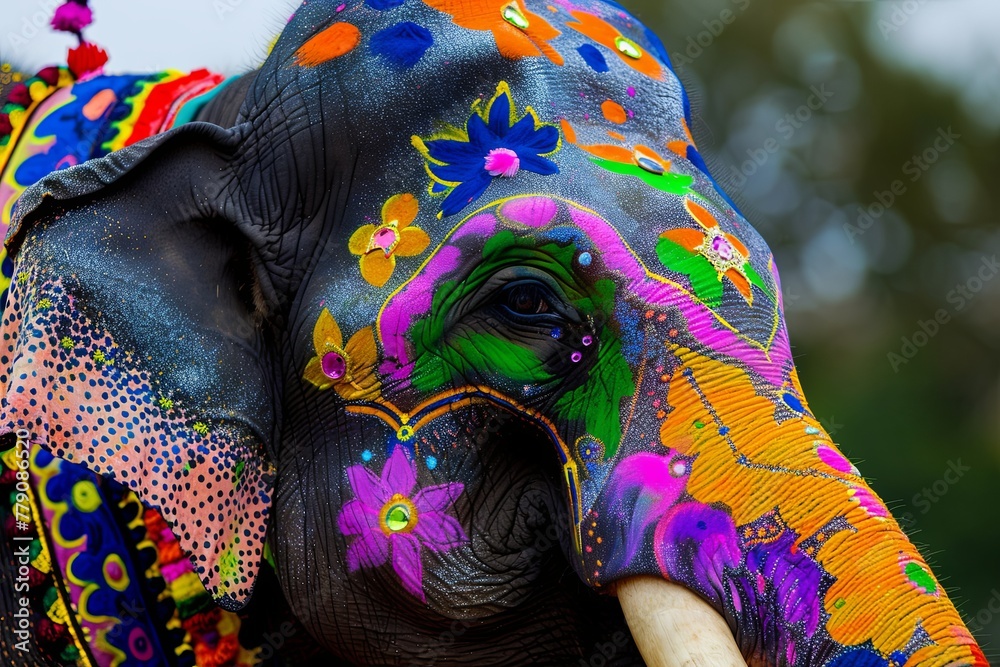 A vibrant Indian elephant adorned with floral art on its headgear and snout
