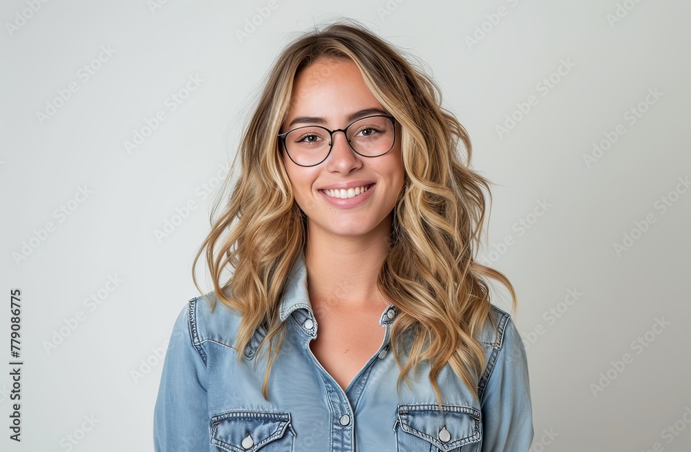 Young woman with glasses smiling happily
