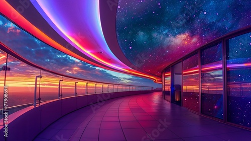 Cosmic Observatory Deck, SciFi, Architectural Photography, Star Gazing Platform Environment , vivid colors