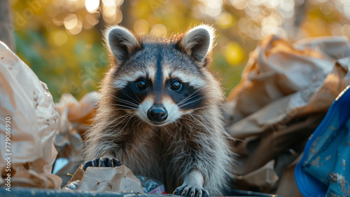 Raccoon in trash.