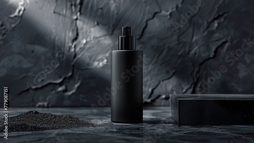 Black perfume bottle on dark background.
