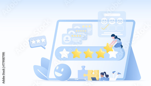 Customer satisfaction survey and feedback review concept. Analyzing customer positive and negative reviews, star ratings, comments, loyalty, and good experiences. Flat vector design illustration.