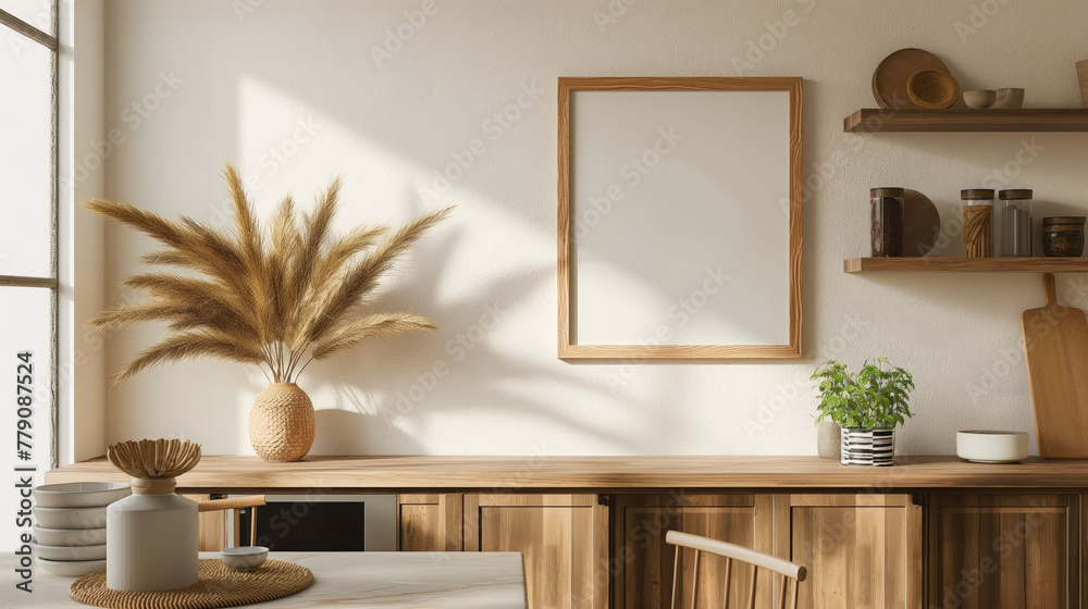 Fototapeta premium Three poster or photography frame mockup on the wall in the Boho style kitchen room