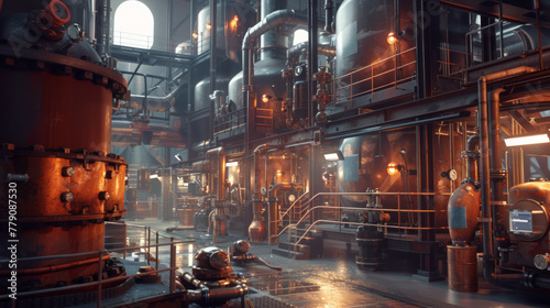 A bustling chemical pilot plant with distillation columns and reaction vessels, momentarily dormant but ready to test and optimize chemical processes