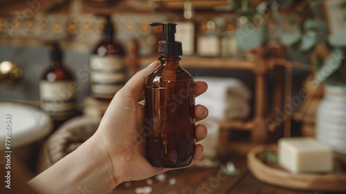 Close-up of a hand holding a brown dispenser bottle