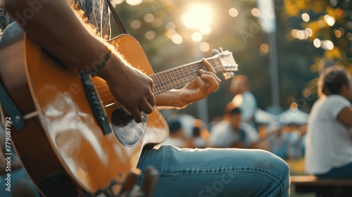 Closeup young man playing guitar among friends attend a live music event concert in a park photo