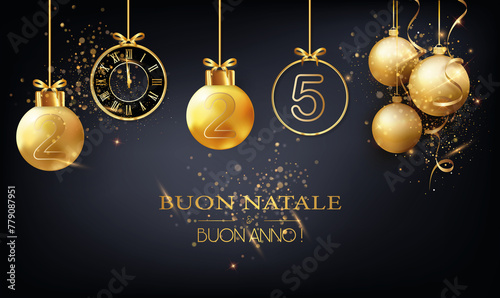 biglietto o cerchietto per augurare un Buon Natale e Felice Anno Nuovo 2025 in oro e nero composto da palline di Natale e un orologio su sfondo nero con glitter photo